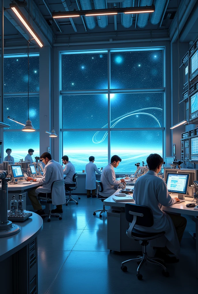 Scientists in a modern room studying the stars 