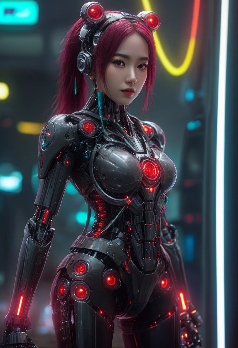 xxmixgirl. Highly detailed professional 35mm film, bokeh, face in sharp focus. A robotic female, Miku, with ((metal skin)), ((perfect Asian eyes)) with magenta irises and ((black pupils)), beautiful serious (detailed face), 18 year old ((photorealistic face)), very long magenta twin tails of magenta hair, twin black hair ties with a single red stripe. She may have a black audio headpiece. We can see her ((full body)) down to her boot soles. Her outfit is a sleeveless collared light grey shirt, outlined in red around the frilled collar and hems. Shiny reflective ((metallic breast cups, dimpleless)), invisible nipples. She wears black sleeves with red hems that start around her upper arm and bellow out as the sleeves open and extend to her wrists, with wide trumpet red rimmed cuffs. She has perfect robotic (detailed hands). She wears a red colored tie with two horizontal solid parallel black lines halfway across. She wears a fabric black skirt with a horizontal red hem at the bottom all the way around; her (((black skirt wraps around her))) and ((her skirt completely covers)) her robotic waist and thighs. Tall black boots with red bottom soles, a red rim around the top at her thighs. Her mechanical shoulder joints are visible. We can see her robotic legs and robotic neck. Half of her is covered with shiny polished machinery. The background is a distant dark neon futuristic Japanese city, gold, cyan, violet neon, near harbor or mountains.