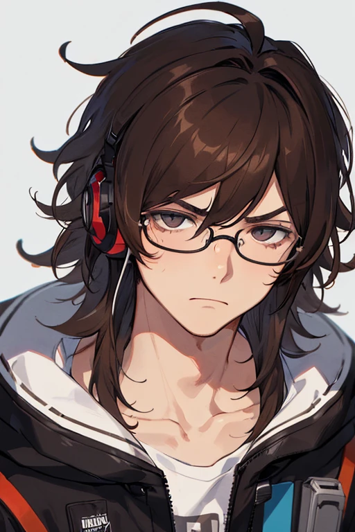Solo, male, boy, Brown Hair, Headphones, Best Quality, Anatomically Correct, Masterpiece, High Resolution, Detail, Hair Between Eyes, Messy Hair, Straight Hair, Hair Over Eyes, Frown, Serious, glasses, braces, nerdy, loser, incel, Close-Up,