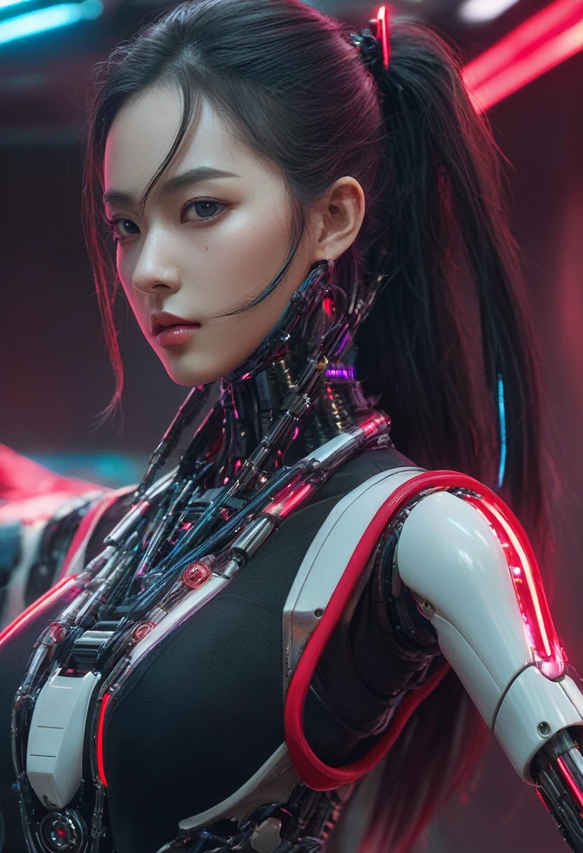 xxmixgirl. Highly detailed professional 35mm film, bokeh, face in sharp focus. A robotic female, Miku, with ((metal skin)), ((perfect Asian eyes)) with magenta irises and ((black pupils)), beautiful serious (detailed face), 18 year old ((photorealistic face)), very long magenta twin tails of magenta hair, twin black hair ties with a single red stripe. She may have a black audio headpiece. We can see her ((full body)) down to her boot soles. Her outfit is a sleeveless collared light grey shirt, outlined in red around the frilled collar and hems. Shiny reflective ((metallic breast cups, dimpleless)), invisible nipples. She wears black sleeves with red hems that start around her upper arm and bellow out as the sleeves open and extend to her wrists, with wide trumpet red rimmed cuffs. She has perfect robotic (detailed hands). She wears a red colored tie with two horizontal solid parallel black lines halfway across. She wears a fabric black skirt with a horizontal red hem at the bottom all the way around; her (((black skirt wraps around her))) and ((her skirt completely covers)) her robotic waist and thighs. Tall black boots with red bottom soles, a red rim around the top at her thighs. Her mechanical shoulder joints are visible. We can see her robotic legs and robotic neck. Half of her is covered with shiny polished machinery. The background is a distant dark neon futuristic Japanese city, gold, cyan, violet neon, near harbor or mountains.