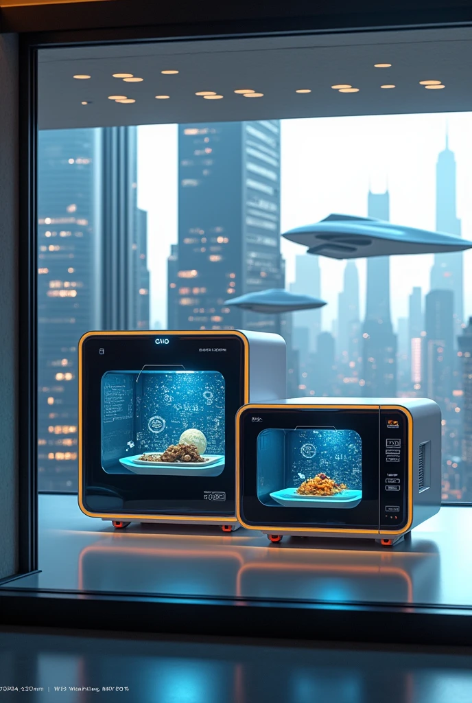 A store window selling futuristic microwaves with a transparent glass front.