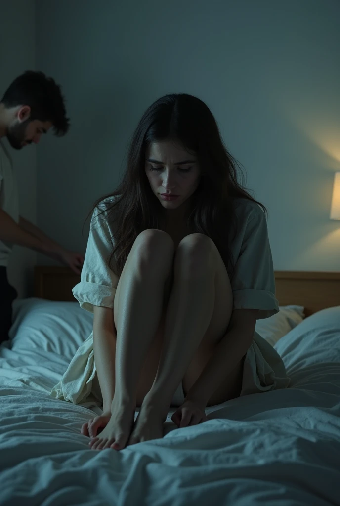 create an image where there is, a very disappointed woman sitting on a bed, E no fundo, a little to the side, a very sad man