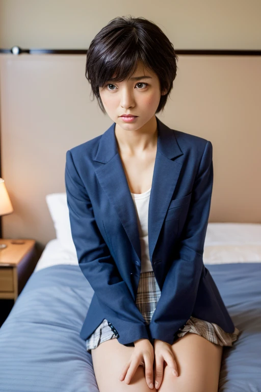 ((Highest quality, masterpiece :1.3)), Realistic、Ultra-high resolution、Natural skin texture、Hyperrealism、Nearby Movies、Beautiful Japanese schoolgirl、Angry expression、Stylish bedroom、Small breasts、発達していないFlat Chest、Flat Chest、Pixie Haircut、Navy blue blazer school、Full body angle