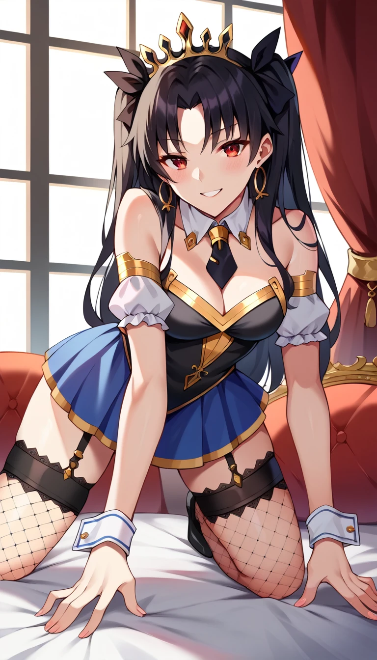 score_9, score_8_up, score_7_up, score_6_up, score_5_up, score_4_up, source_anime, Ishtar of FateGO, long hair, black hair, ribbon, hair ribbon, two side up, red eyes, parted bangs, crown, PekoraFuriFuri, detached collar, short black necktie, black dress, short dress, sleeveless dress, center frills, puffy short sleeves, detached sleeves, wrist cuffs, blue skirt, fishnet thighhighs, garter straps, 1girl, divine goddess body with stunning curves, smile, wide hips, big ass, on all fours, spread legs, showing her ass to viewer, looking over the shoulder, The background is on a living room