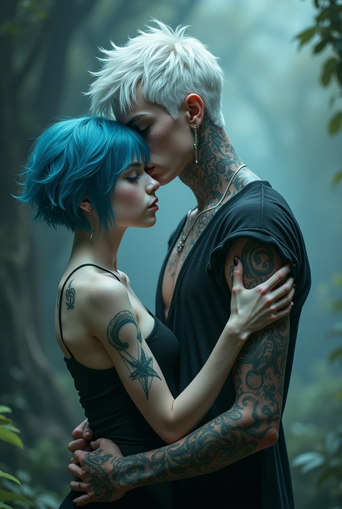 White-haired, pale-skinned boy, tattoos on arms and neck with blue eyes and piercings in ears hugging a white skinned girl with short blue hair with blue eyes and piercings in ears.
