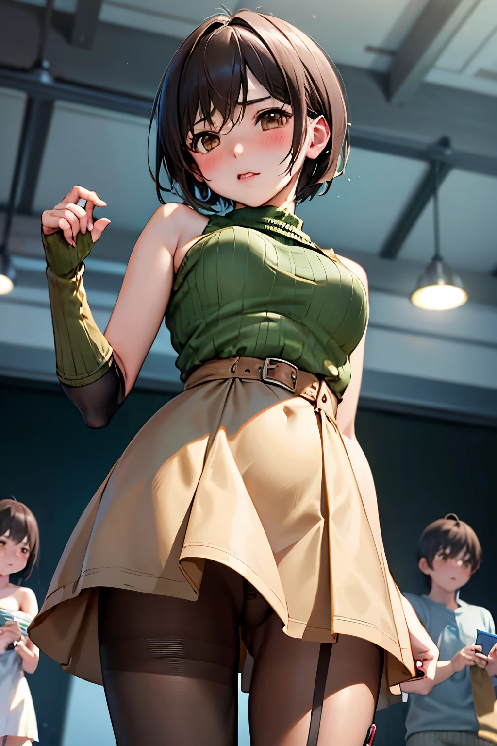 (Highest quality:1.1), (masterpiece:1.4), (Absurd:1.0),
One Girl, Yuffie Kisaragi、Brown Hair、Short Hair、Medium chest、Looking at the audience、Bedroom、(blush:1.2)、Embarrassed expression、((pantyhose))、((Knitted dress))、((Photo from below))、