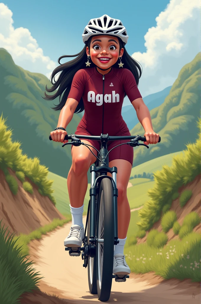 A cyclist on a mountain bike smiling, big straight black hair, red lipgloss stick, cycling goggles, wine-colored cycling jumpsuit with Agah printed on it, wearing a white helmet, white socks and white sneakers, cycling in a rural area. 