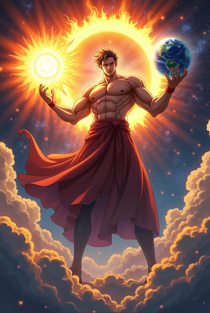 draw a muscular anime character his left hand is holding the sun his right hand is holding the earth under his feet he is stepping on the galaxy around him are countless stars above his head is the Almighty ring