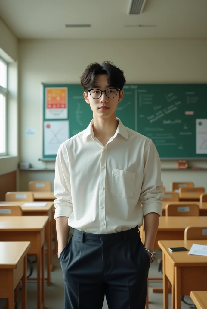 Fanatsy: Korean man similar to Kim Taehyung is a teacher, standing in a class room and wearing glasses