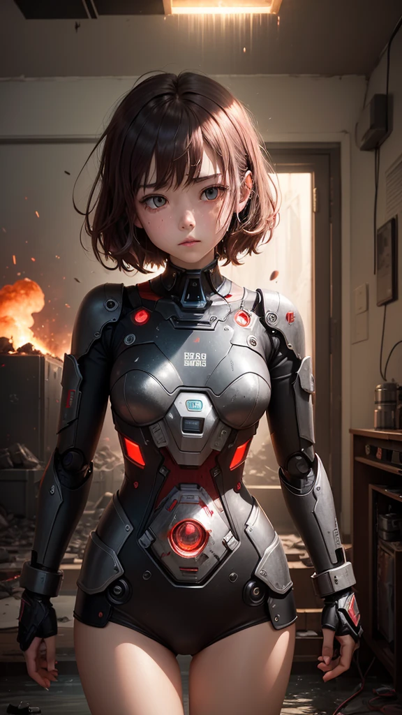 A broken robot, with a dark red light in the explosion, full of memory fragments, tin, and leisure, a confused mind, everything broken water running down like cloud coffins Inside a room inside a room A very sad solo girl 