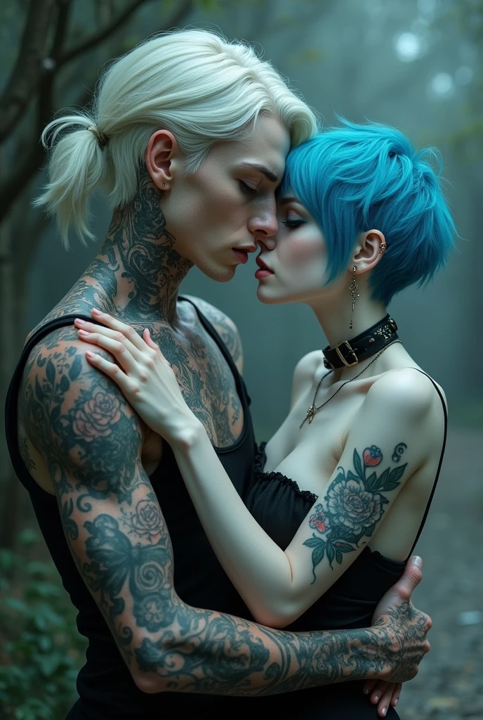 White-haired, pale-skinned boy, tattoos on arms and neck with blue eyes and piercings in ears hugging a white skinned girl with short blue hair with blue eyes and piercings in ears.