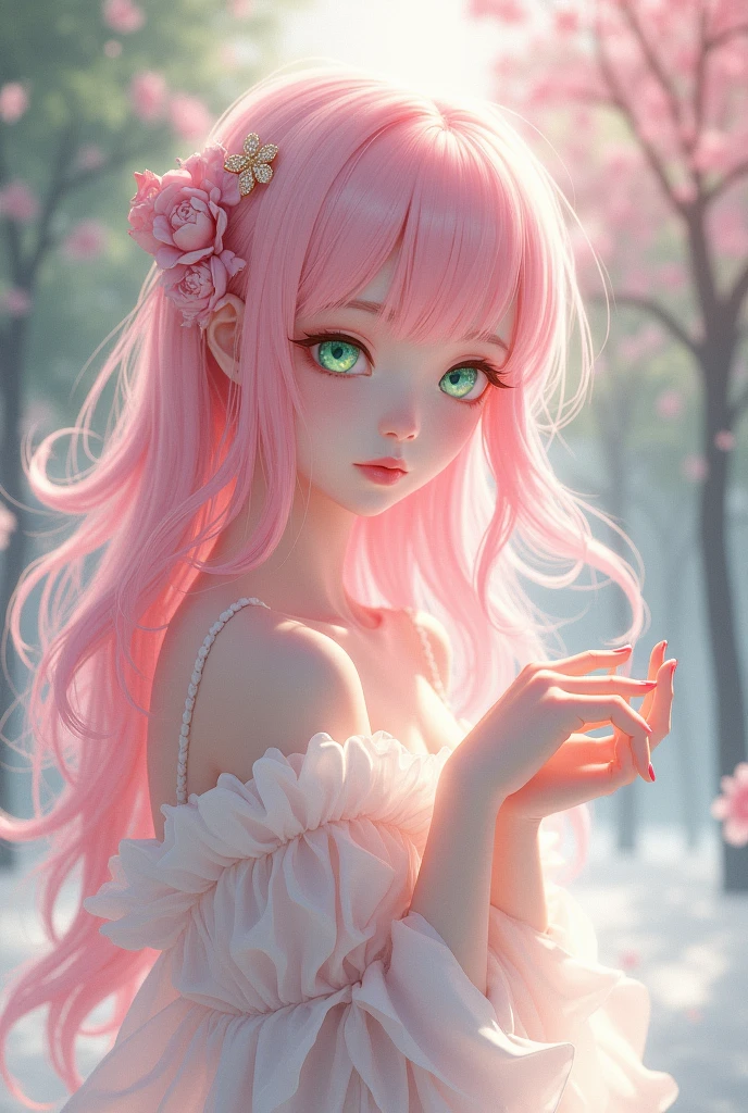 Gender: Female
Appearance: 1,68 cm tall. Pale yet rosy skin. Flowy and cloud-like, long, milky pink hair. Siren-eyes color pastel green. Soft and delicate facial features and hands. pink and glossy round lips. 
Anime style