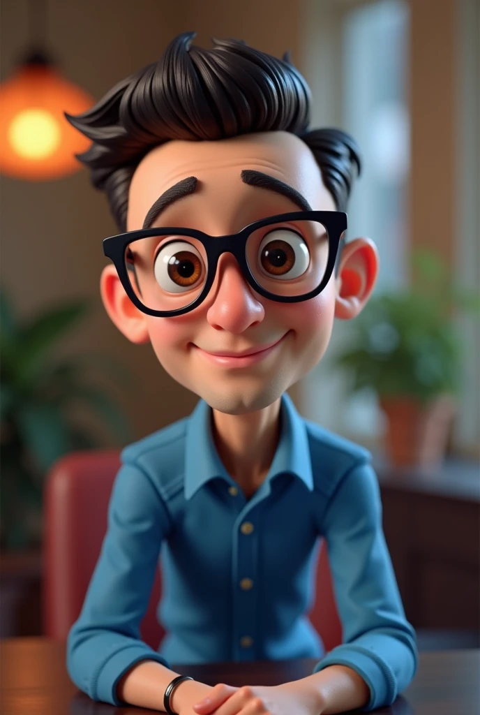 Cartoon character of a man in black glasses and blue shirt, an animated character, stylized character, animation style rendering, 3d stylized, Arnold Maya rendering, Stylized 3D rendering, toon render screenshot, 3d character, 3d character, Stylized 3D rendering, 3D character rendering, cartoon character, Personagem de close up, character posing, (Pixar-style) (master part:1.2) (bokeh) (best qualityer) (skin detailed) (detailed texture) (8k) (Argilla) (cinematic lighting) (sharp focus,Sit down and lift your upper body