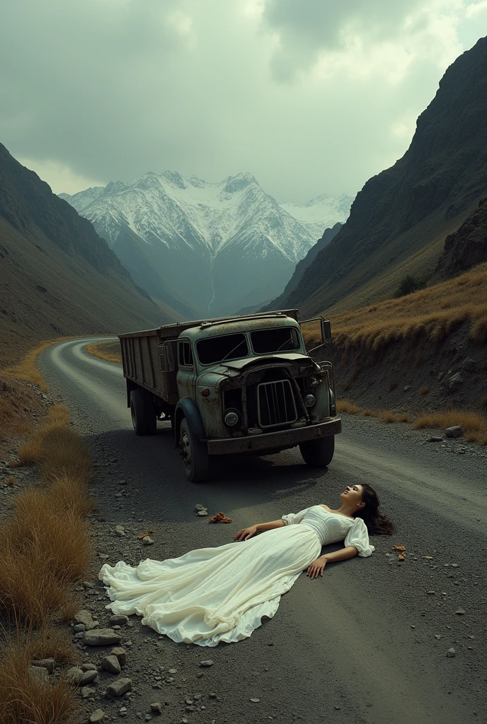 CREATE A LANDSCAPE THAT SHOWS A BRIDE FROM AZAPA - ARICA with elements that show this: The route at that time was very narrow and did not allow any maneuvering., Three people lost their lives when the car overturned, Among them she died in her wedding dress,In the 1950s, The buses we know today did not exist, To get from one place to another, the inhabitants of the area traveled by truck., which made only two daily trips.
She was traveling to the Sanctuary of Las Peñas, where her boyfriend was waiting for her to get married, until death do them part.
However, The groom and his family waited in vain all day., The truck collided head-on with another truck