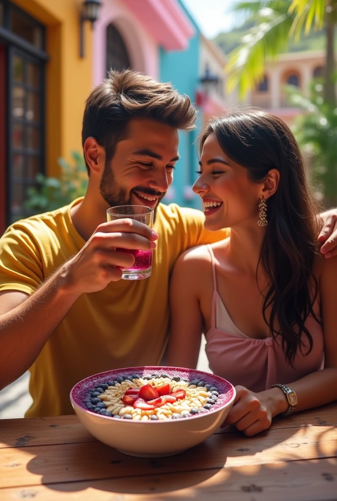 Realistic Man and Girlfriend 25-35 years old, In Mexico eating açaí in a bowl , ultra HD, high qualiy, best qualityer, high resolution, 8k, 16K
