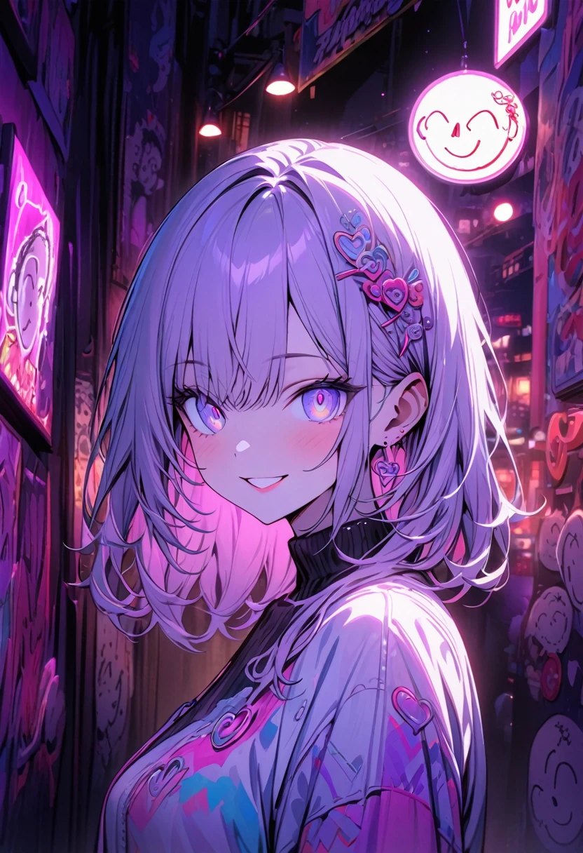 Detailed Background, masterpiece, Highest quality, smile, Decoration, Food, Portraiture, Neon Pink, Doodle, dark, night, Bright Eyes, Purple light