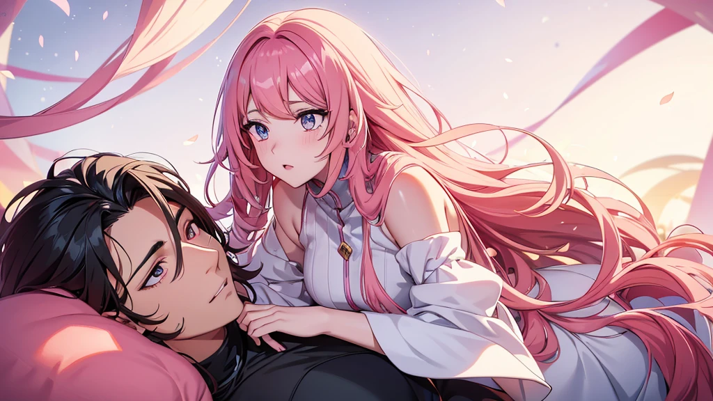 long dark haired man, very big hair, girl on top of him, girl with pink hair, passionate looks, anime traits, thick line art, anime traits anos 2020, accurate eyes, perfects eyes