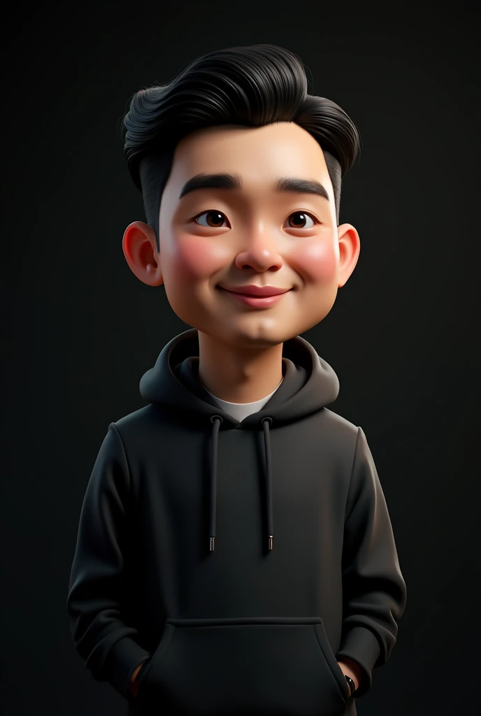 Realistic 3D caricature big head, 30 year old Indonesian man, ideal height, slightly fat, handsome, narrow eyes, faint smile, wearing a black hoodie, body position clearly visible, black background, using lighting