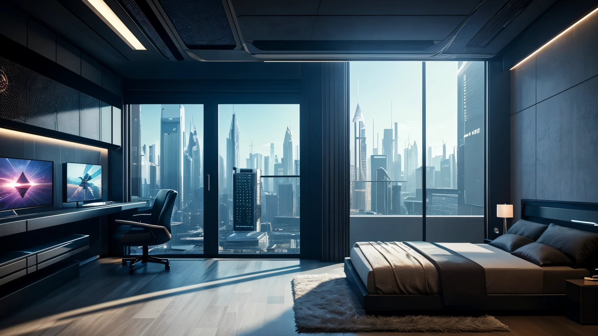 scifi, architectual, cyberpunk, futuristic, luxury bedroom, hightech, hard-surface design, daylight, much tech, much electronic, much space, very cozy, ambient light, realistic view, wide angle, year 2124