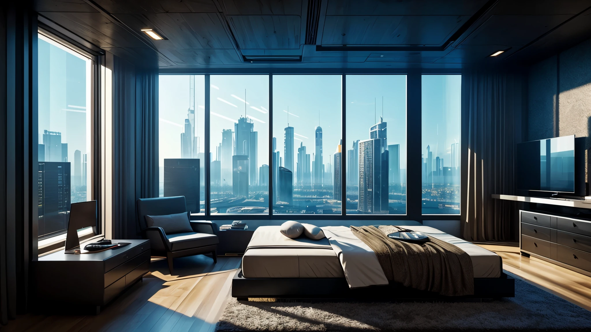 scifi, architectual, cyberpunk, futuristic, luxury bedroom, hightech, hard-surface design, daylight, much tech, much electronic, much space, very cozy, ambient light, realistic view, wide angle, year 2124