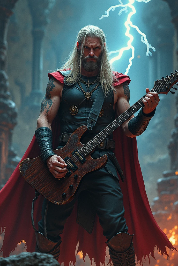 rock thor with hammer shaped guitar with thunder in the background and a very rock vibe, Gothic style, iron maiden image reference