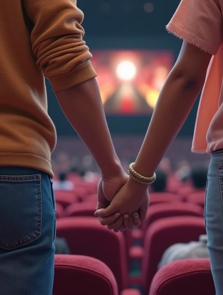 Male and femal hand holinding in theater watching stree 2 movie india that look real of teenagers indians