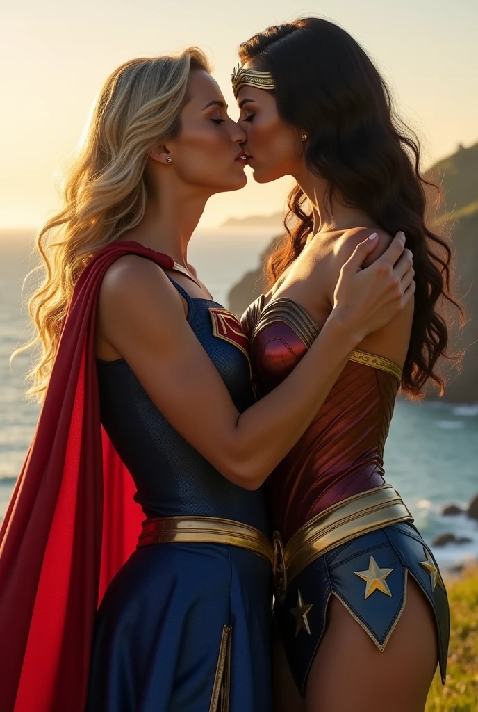 A stunning portrait of Wonder Woman and Supergirl touching each others breasts, kissing, French kissing, tongues touching, they are kissing, young and beautiful, hyper realistic, real portrait, backlit, exquisite features, cleavage, ecstasy, Wonder Woman is brunette, super girl is blonde, Wonder Woman is taller