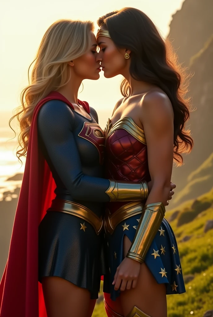 You can create an image of a loving kiss between Supergirl and wonder woman