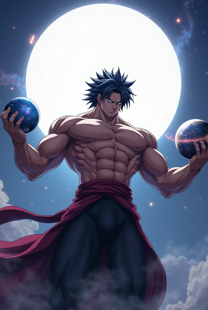 draw a muscular anime character with bangs in his right hand he is holding the multiverse in his left hand he is holding the galaxy above his head is the almighty white glowing circle