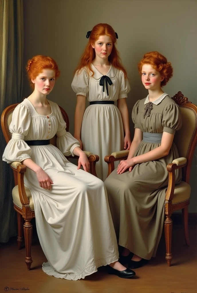 Oil painting'Oil, 1918, Edwardian era, Name D'Gold, Philip de Laszlo, four red haired sisters. Une jeune femme dans la vingtaine assise dans un fauteuil élégant, her hair up. A sixteen year old girl next to her, également sur une chaise adjacente. Deux filles debout au milieu, one fifteen years old and the other twelve, pGoldtant leurs cheveux lâchés avec un nœud.