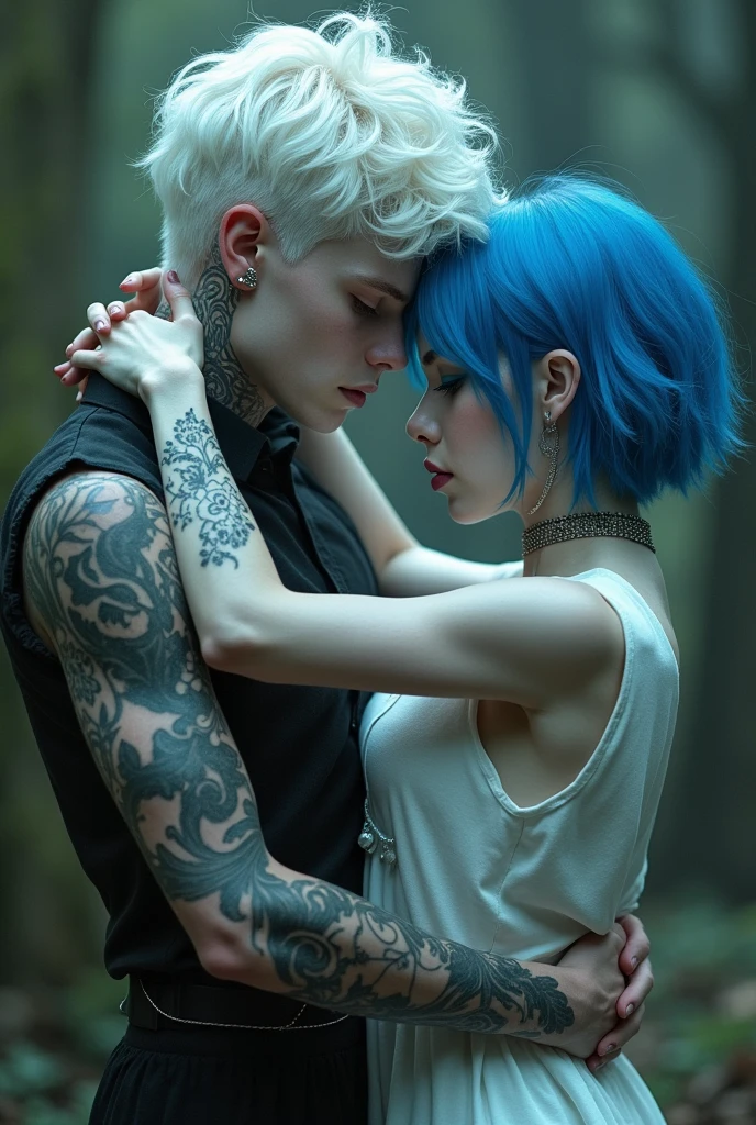 White-haired, pale-skinned boy, tattoos on arms and neck with blue eyes and piercings in ears hugging a white skinned girl with short blue hair with blue eyes and piercings in ears.