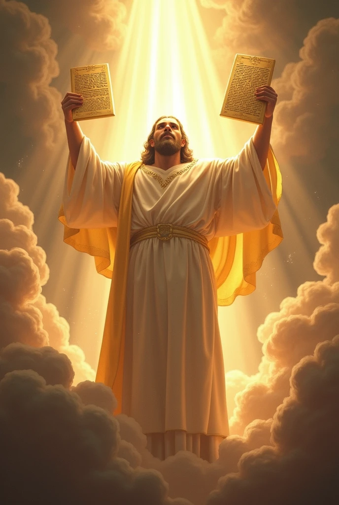 To God with the tablets of the commandments floating and with rays