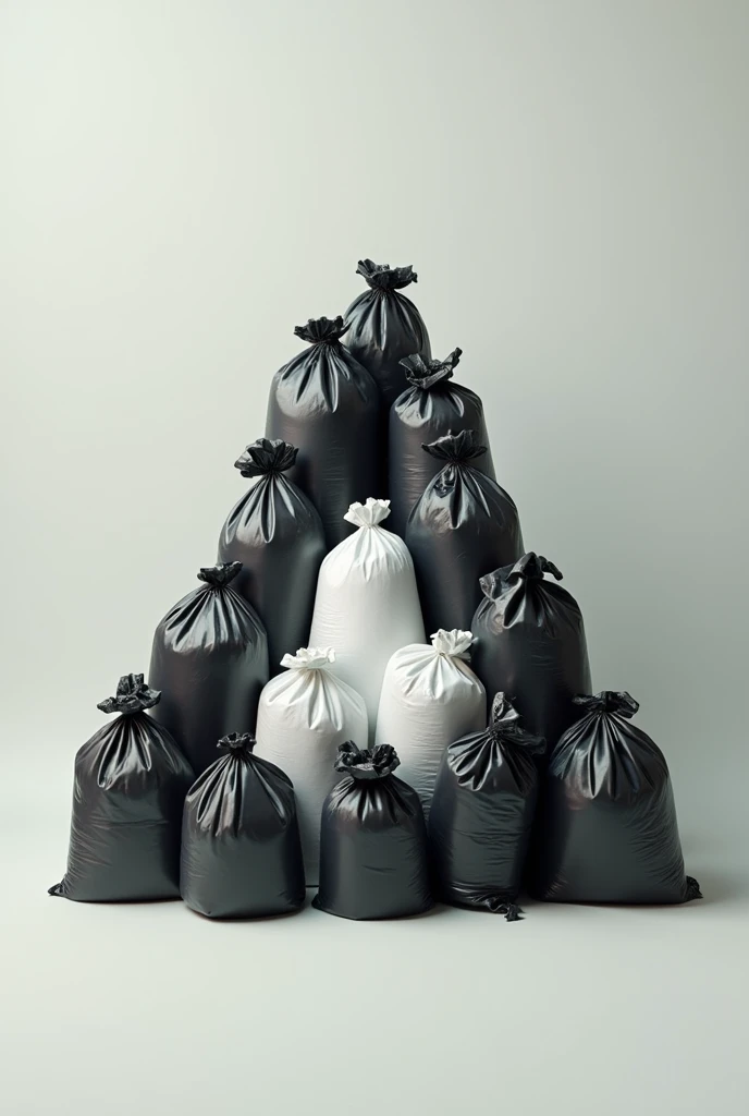 Un tas de sacs poubelles de face qui forme une forme triangulaire dans le style de Wes Anderson mais réaliste