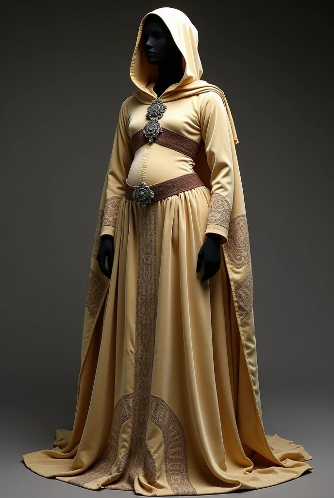 Make me a sketch of a costume for a female character of the Star Wars Universe. Has to be a gown made of heavy beige velvet. The long, flaring sleeves and hood give the gown more of a robe-like appearance. A wide brown sash is fastened in her under-chest area; with a empire-waist line effect of the sash partnered with the fullness of the skirt give her a wide silhouette which effectively hides her eight-month pregnancy. There are also dark beige insignias of her planet burned into the velvet along the full length of the dress. This was accomplished using a process known as devoré, which uses acid to mark the fabric. The look is completed with a jeweled brooch at her chest. Overall, this ensemble is very simple and elegant. The costume needs to be a closely resembles a houppelande: a sumptuous and weighty outer garment worn in Northern Europe in the late 15th century. It’s very likely to took inspiration from this historical gown for this particular costume.