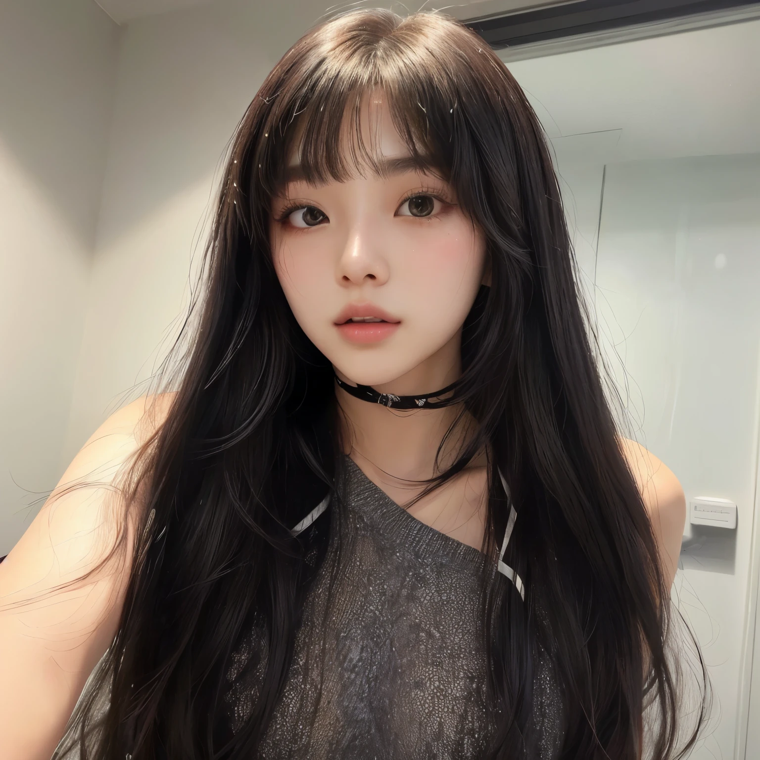 a close-up of a woman with long hair using a chokehold, Jaeyeon Nam, heonhwa choe, ulzzang, Lee Ji-eun, Lee Ji-eun, she has black hair with bangs, Jinyoung Shin, with bangs, what's on, long hair with bangs, Parque Ji-min, beautiful south korean woman, neat hair with bangs