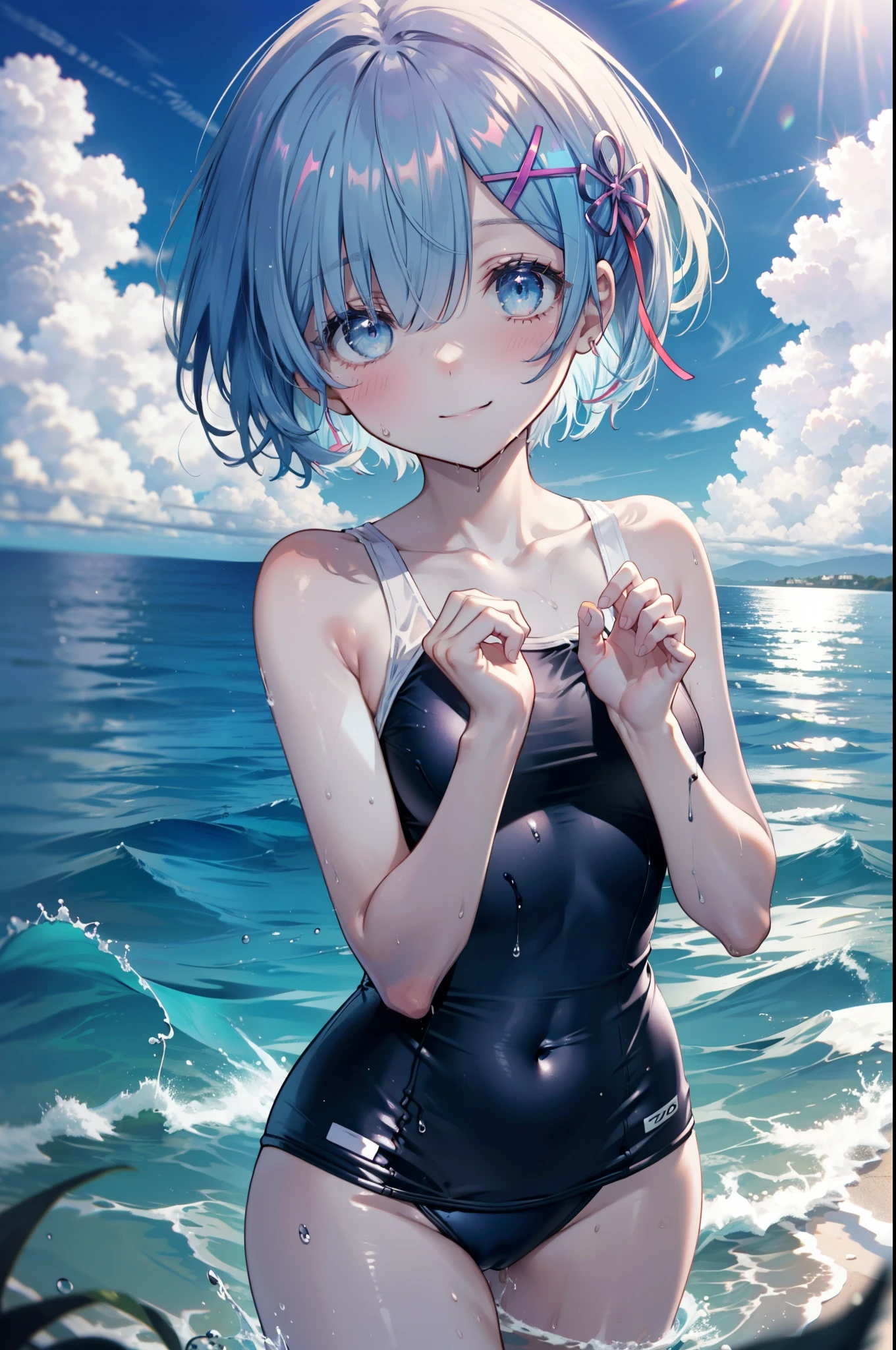 rezeroRem, Rem, blue eyes, Blue Hair, hair ornaments, Hair on one eye, hair ribbon, short hair, x hair ornaments,School Swimsuit,barefoot,Water Play,Wet Hair,Wet swimsuit,Wet Skin,True Summer,Clear skies,Daytime,smile,whole bodyがイラストに入るように,
break outdoors, Ocean,
break looking at viewer, whole body, (Cowboy Shot:1. 5),
break (masterpiece:1.2), Highest quality, High resolution, unity 8k wallpaper, (figure:0.8), (Beautiful attention to detail:1.6), extRemely detailed face, Perfect lighting, extRemely detailed CG, (Perfect hands, Perfect Anatomy),