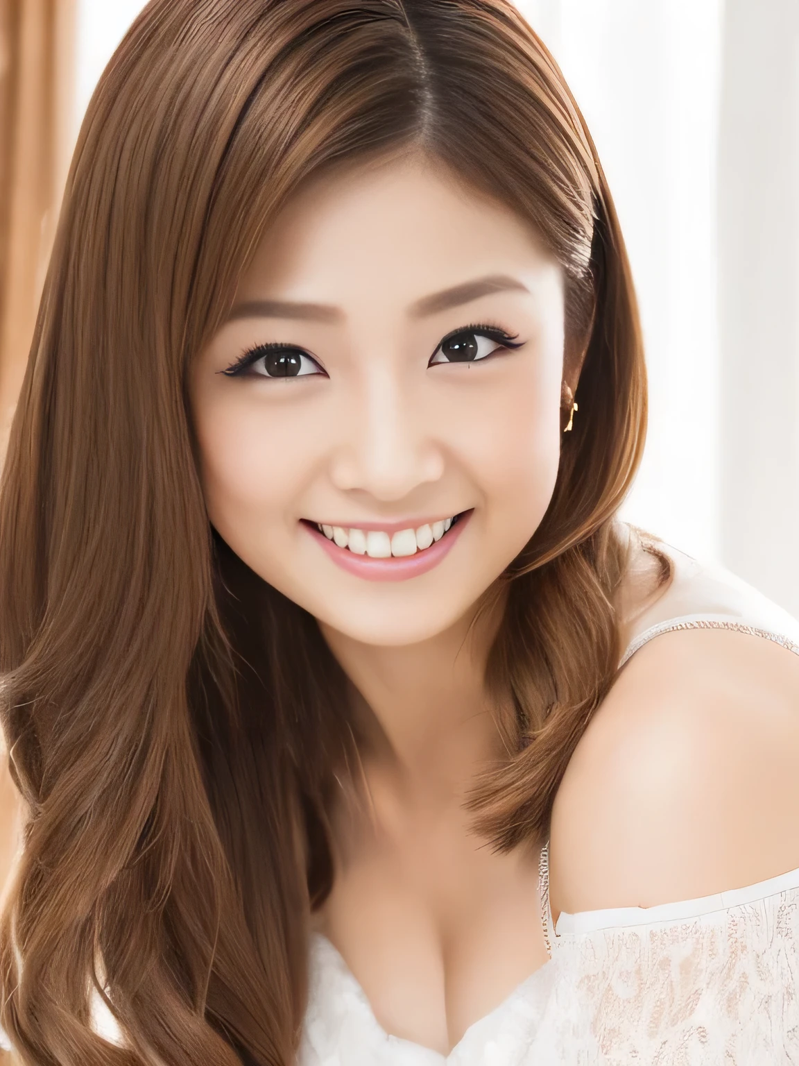 Highest quality,Ultra-high resolution,Japanese Idols,actress,double eyelid,young,smile,Smooth lighting,dress,skirt,photo shoot,Light brown hair,Luxury