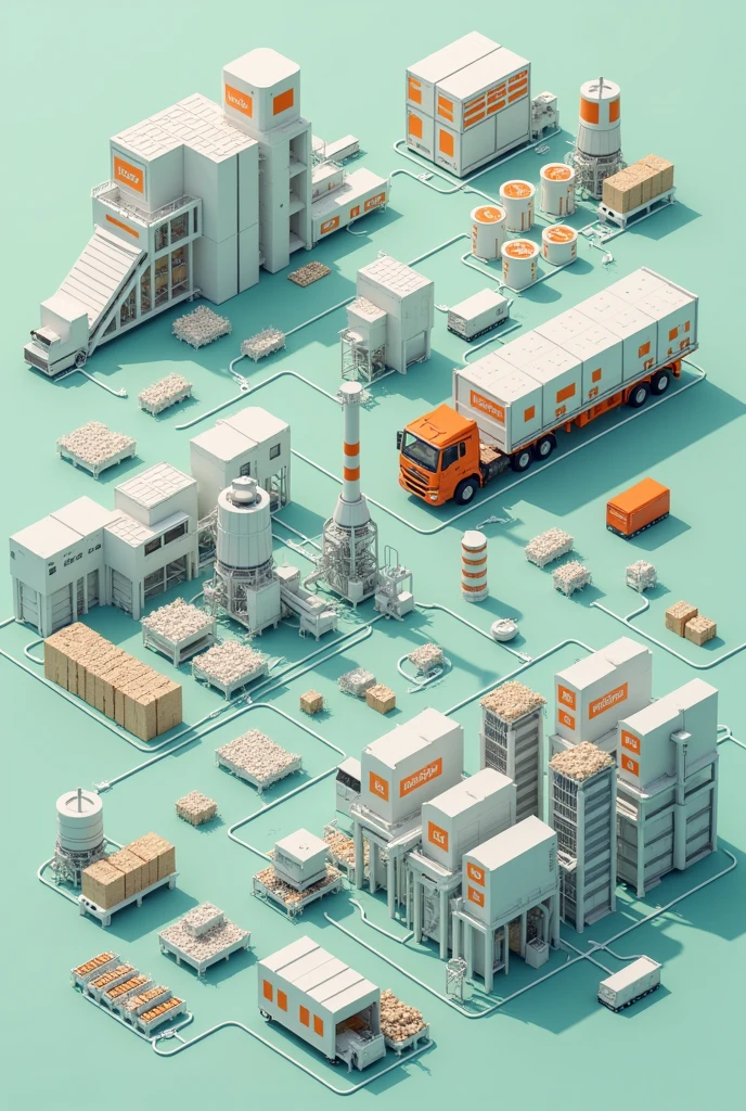 Create a supply chain for a company called alquería. First link in the collection of empty milk packaging, Second link arrives at the factory for packaging opening and washing, The third link goes through shredding and is converted into small cubes for reuse., Fourth link: the waste bucket is used and melted to create packaging for other products. The entire process is within the warehouse.