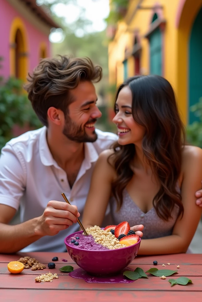 Realistic Man and Girlfriend 25-35 years old, In Mexico eating açaí in a bowl , ultra HD, high qualiy, best qualityer, high resolution, 8k, 16K