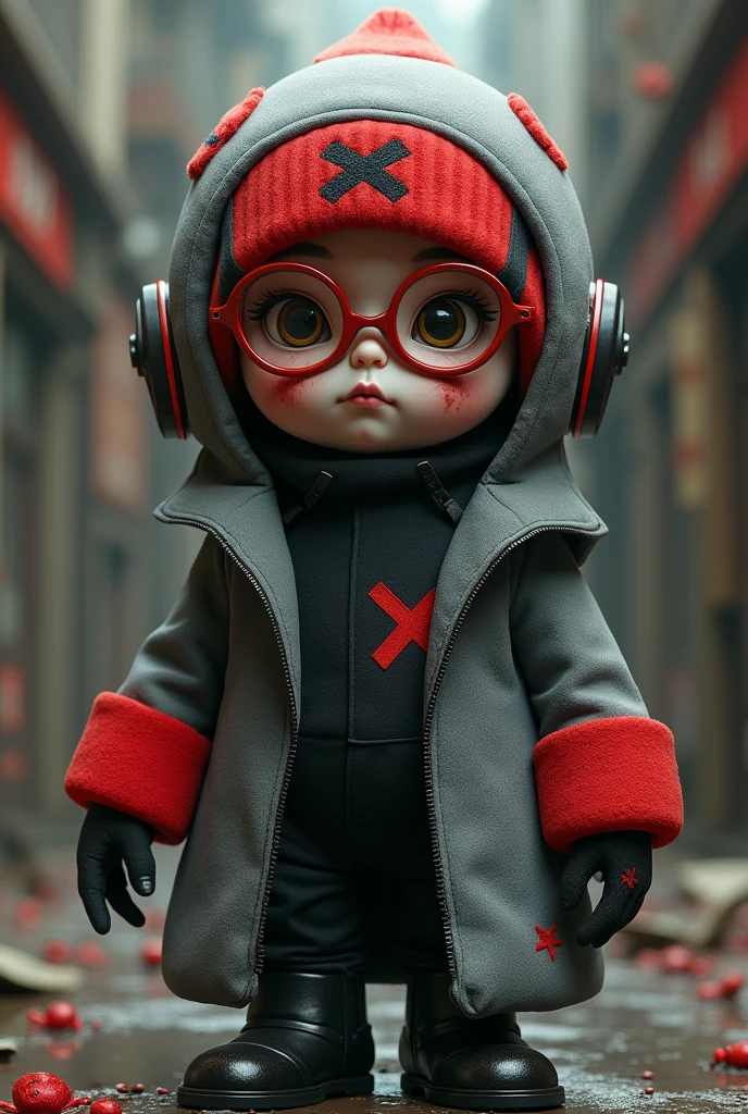 Create a character that looks like the Madness Combat plushies, that has a grey coat with red sleeves, a black diver, a dark red and light red ushaka with an X in the center, round red glasses and two red marks on his cheeks like sores.