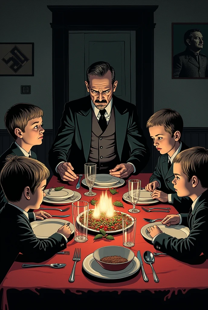 I use an image of a Nazi family dinner where his mother and his children and his father are, comic style A little dark