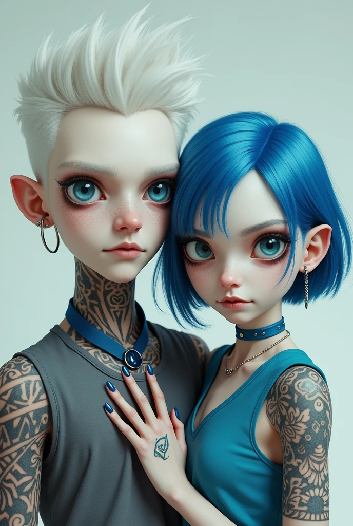White-haired, pale-skinned boy, tattoos on arms and neck with blue eyes and piercings in ears with a white skinned girl with short blue hair with blue eyes and piercings in ears.