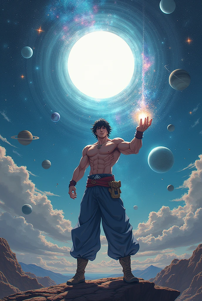 draw a muscular anime character with bangs in his right hand he is holding the multiverse in his left hand he is holding the galaxy above his head is the almighty white glowing circle,He is riding on a huge flat galaxy standing in the vast universe draw me a universe Around him are planets and stars with the most detailed details