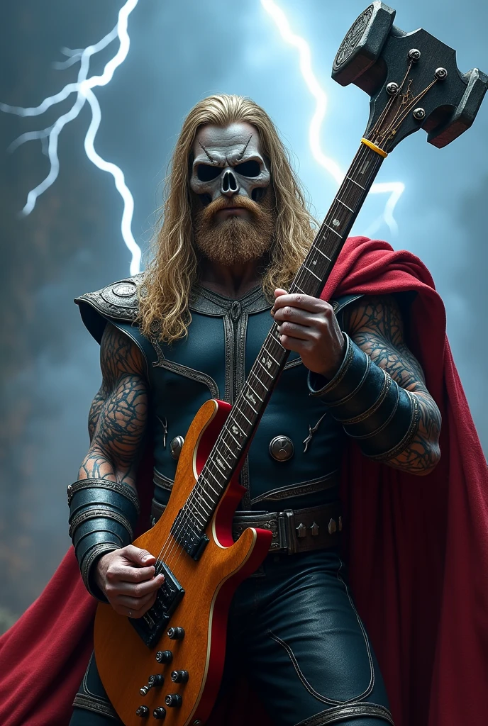 rock thor with hammer shaped guitar with thunder in the background and a very rock vibe, Gothic style, iron maiden image reference, make the skull face 50%