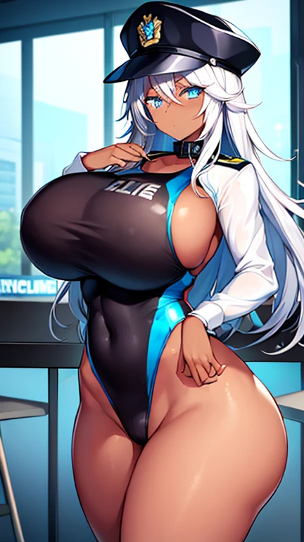 1girl, dark skin, dark-skinned female, police uniform, police, white hair, long hair, blue eyes, police hat, huge breasts, wide hips, thick thighs, policewoman, futuristic, neon trim, science-fiction, machinery, tech, blue trim, glowing eyes, toned female, toned, cute face, mature female, neon, one-piece swimsuit, competition swimsuit, medal, black swimsuit, badge, police badge