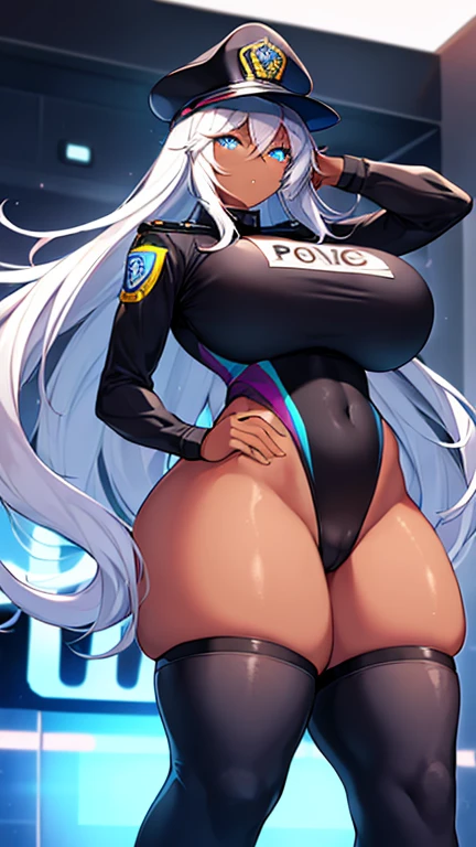 1girl, dark skin, dark-skinned female, police uniform, police, white hair, long hair, blue eyes, police hat, huge breasts, wide hips, thick thighs, policewoman, futuristic, neon trim, science-fiction, machinery, tech, blue trim, glowing eyes, toned female, toned, cute face, mature female, neon, one-piece swimsuit, competition swimsuit, medal, black swimsuit, badge, police badge