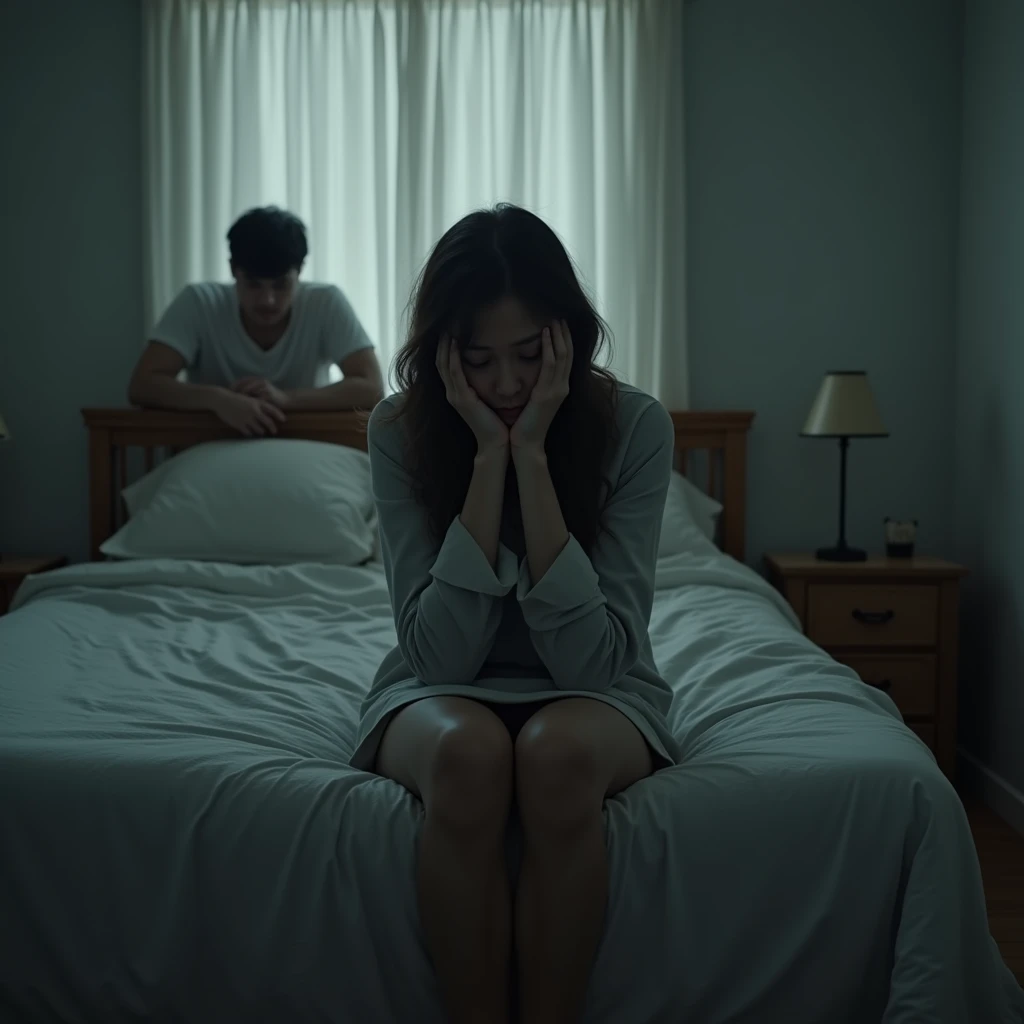 create an image where there is, a very disappointed woman sitting on a bed, E no fundo, a little to the side, a very sad man because he failed at the right time