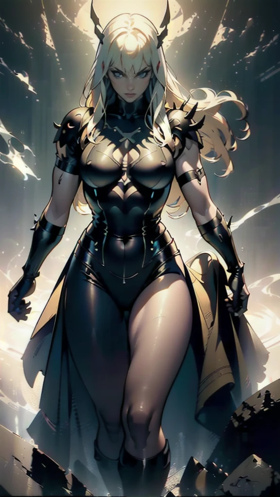 Magik of X-men, Illyana Rasputin with long white hair, piercing blue eyes, wearing a low cut unitard with high cut legs, holding a glowing magical sword, floating in a mystical realm with swirling energy, (best quality,8k,highres,masterpiece:1.2),ultra-detailed,realistic,photorealistic,photo-realistic:1.37,concept art,dark fantasy,digital painting,dramatic lighting,cinematic,intricate details,ethereal,otherworldly atmosphere