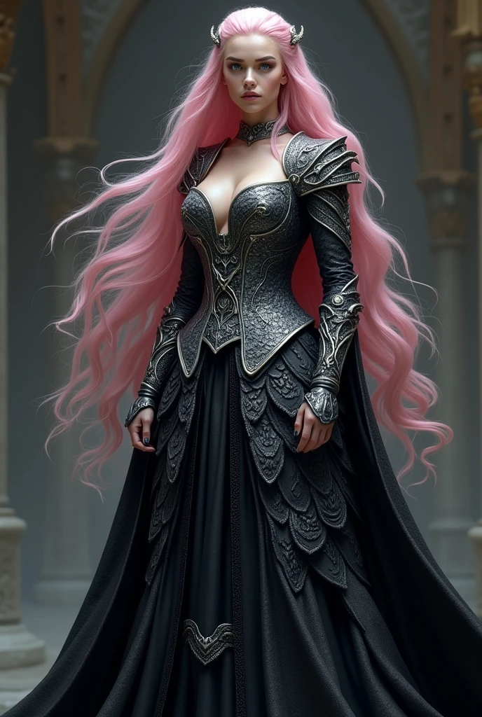 a woman with pink long hair wearing a black and silver dress with dragon scale patterns, Long sleeves, style of game of thrones, daenerys, daenerys targaryen, hyperrealistic fantasy art, game of thrones style, game of throne art, from of thrones, queen of dragons, realistic fantasy artwork, beautiful digital artwork, 8k high quality detailed art. She evokes power and royalty, full-lenght image