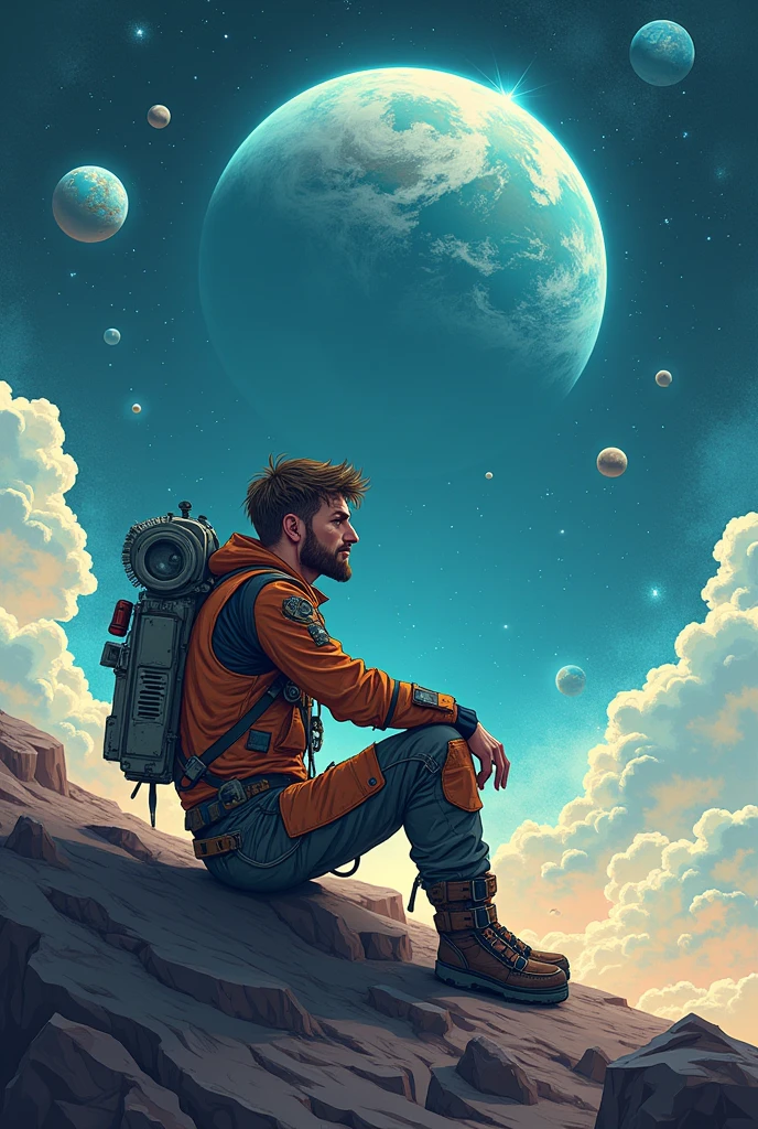 Cartoon man sitting on the ground looking at the earth, Space cowboy, cyber Space cowboy, Inspired by Josan Gonzalez, Shinkai Makoto ( Apex Legends ), Akira Art Style, ross trans style, Shake atmosphere, Akira Art Style, floating beside planets, josan gonzales, Science Fiction Art!!!!!!!, josan gonzales!!!, In space, Modern science fiction animation  